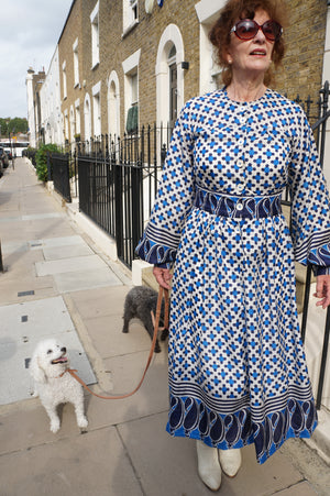 Cinnamon in Blue & White Geometric Print Silk