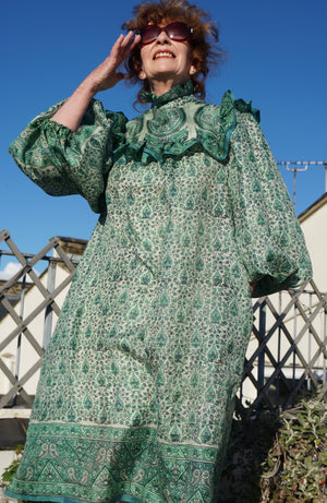 Green Block Print Silk Masala Dress
