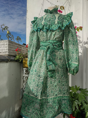 Green Block Print Silk Masala Dress