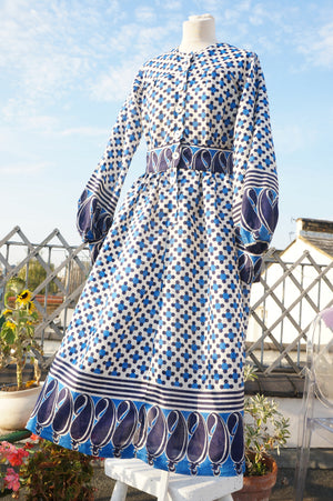 Cinnamon in Blue & White Geometric Print Silk